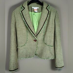 Versailles Womens Blazer Green Tweed Fringe Wool Blend Vintage One Button Size 8